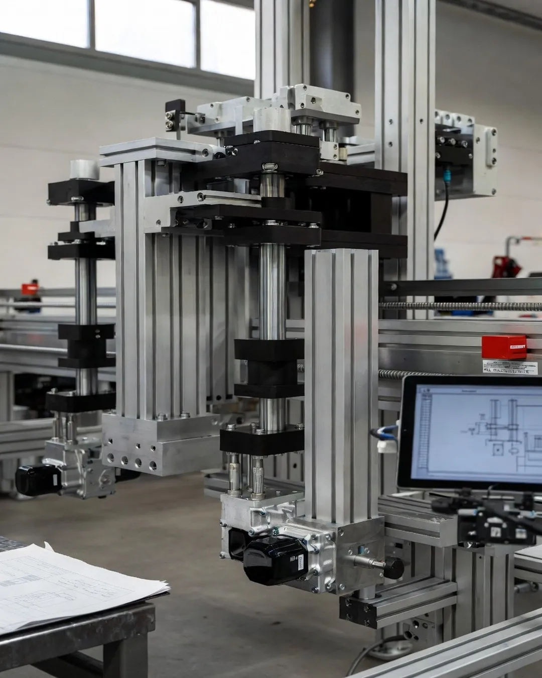 Sondermaschine im Aufbau mit technischer Zeichnung.