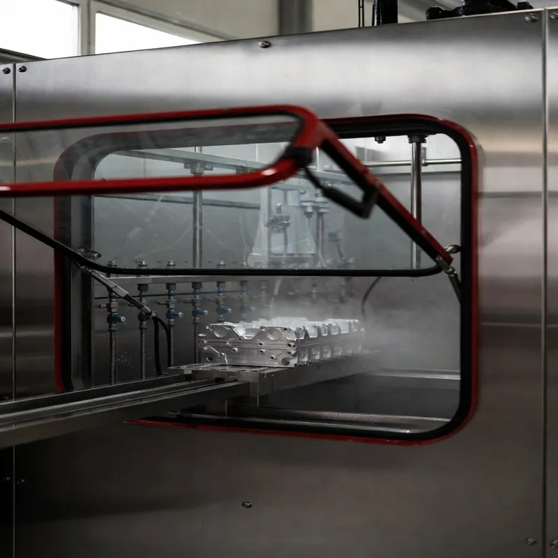 Sprühreinigung mit ROTOL-Düsen für Aluminium-Bauteile.